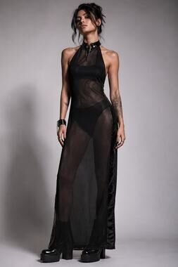 Vintage Y2K Sheer Mesh Halter Maxi Dress L Black Lock Collar Alt Goth Industrial